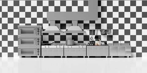 3d restaurant kitchen. modern industrial kitchen with equipment concept, 3d render illustration, clipping path