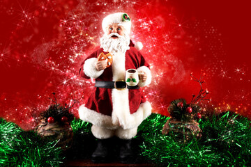 Santa Claus decoration with red background. Christmas party.