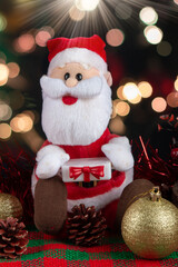 Santa Claus decoration with lights background. Christmas party.