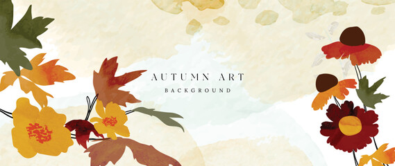 Autumn foliage in watercolor vector background. Abstract wallpaper design with maple leaves, branches, wild flowers, floral. Botanical in fall season illustration suitable for fabric, prints, cover.