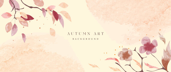 Autumn foliage in watercolor vector background. Abstract wallpaper design with leaf branches, wild flowers, floral, leaves. Botanical in fall season illustration suitable for fabric, prints, cover.