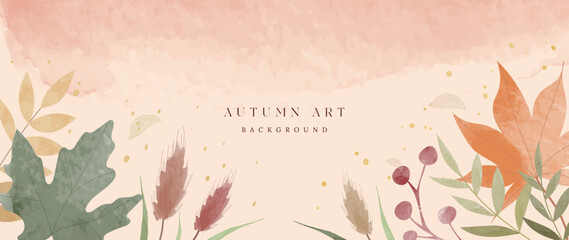 Autumn foliage in watercolor vector background. Abstract wallpaper design with maple leaves, branches, wild grass, berry. Botanical in fall season illustration suitable for fabric, prints, cover.