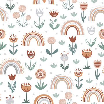 Cute childish seamless pattern with flowers and rainbows in scandinavian style, vector. Perfect for childish fashion prints, baby room wallpaper, textiles