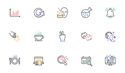 Face cream, Refresh and Food line icons for website, printing. Collection of Notification bell, Medical calendar, Marketplace icons. Sleep, Chemistry lab, Vision test web elements. Vector