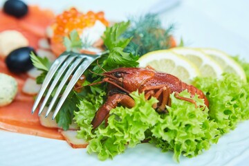 The food in the restaurant fish dish is beautifully decorated cancers