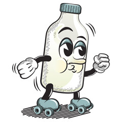 vector illustration of cartoon character of a milk bottle playing roller skates