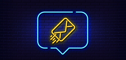 Neon light speech bubble. Mail delivery line icon. Message correspondence sign. E-mail symbol. Neon light background. E-mail glow line. Brick wall banner. Vector