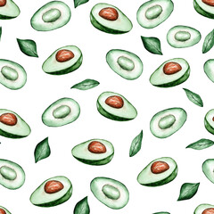 watercolor pattern of avocado halves isolated on white background, green avocado seamless pattern with leaves, healthy eating concept