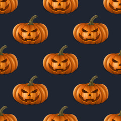Vector Halloween Seamless Pattern with Funny Pumpkins. Cute Jack-o-lanterns, Carved Pumpkin Faces Backgrounds, Wallpapers for Invitations, Cards, Fabrics, Packaging, Wrapping, Banners, Textiles
