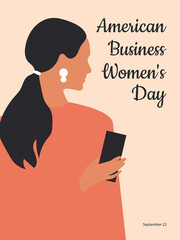 American Business Women's Day. September 22nd. A woman with a mobile phone in her hand on a vertical pink background. Vector.