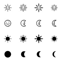 Conjunto de iconos de sol y luna de diferentes estilos. Ilustración vectorial
