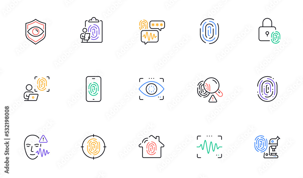Aufkleber biometric line icons. fingerprint access, eye biometric and voice recognition. detect identity, chec