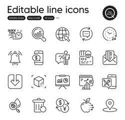 Set of Technology outline icons. Contains icons as Load document, Cyber attack and Presentation elements. Wallet, Seo analysis, Update comments web signs. Quick tips, Search employee. Vector