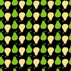 Seamless pattern with yellow and green pears on a black background. Fruit pattern. Doodles