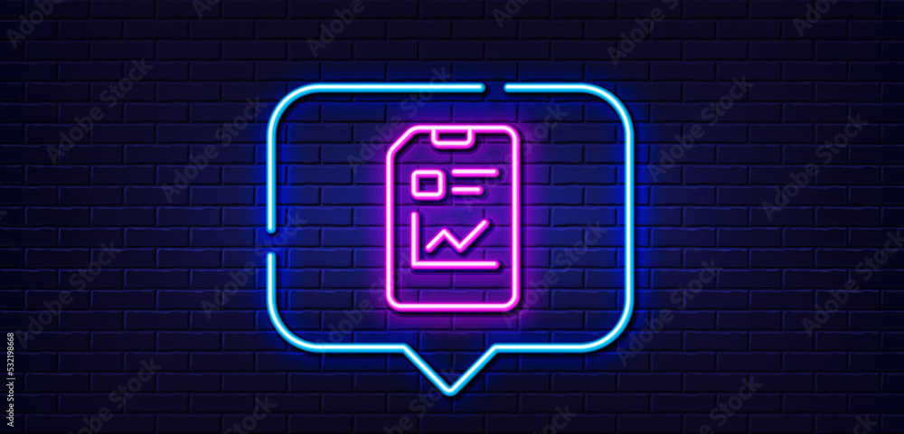 Poster neon light speech bubble. report document line icon. analysis and statistics file sign. paper page c