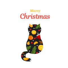 Painted Christmas cat with christmas citrus, sweet, berries on white background. Vector design template. Greeting card, gift wrapping