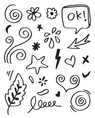 Hand drawn Arrow, heart, thunderbolt, star, leaf,emphasis ,swirl for concept design.