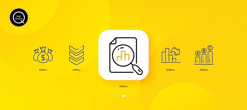 Analytics graph, Check investment and Graph chart minimal line icons. Yellow abstract background. Shoulder strap icons. For web, application, printing. Chart report, Business report, Army rank. Vector