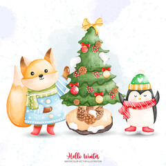 Christmas Fox and Penguin with Christmas Tree, Vector illustrations. Watercolor Christmas Animals