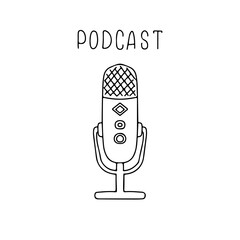 Podcast equipment. Retro microphone isolated on white background. Design element for emblem, sign, logo, labe. Vector illustration.