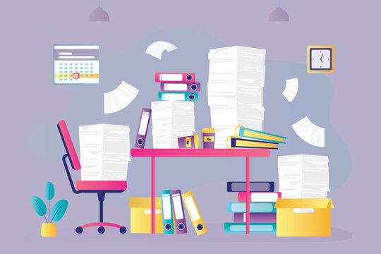 Desktop littered with various folders and documents. Manager's workplace piled with paperwork