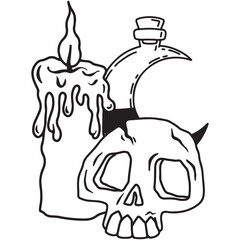 Hand drawn magical composition with a candle, a skull and a potion