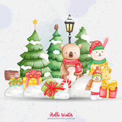 Watercolor Winter Panda and Bunny. Christmas Vector illustrations Element