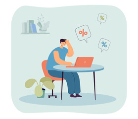 Customer ordering goods from home using discounts. Man buying products or clothes via laptop flat vector illustration. Online shopping, sale concept for banner, website design or landing web page