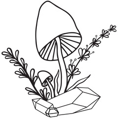 Hand drawn magical composition of mysterious crystals, mushrooms and herbs
