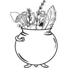 Hand drawn magical composition with a witch's cauldron and potion ingredients