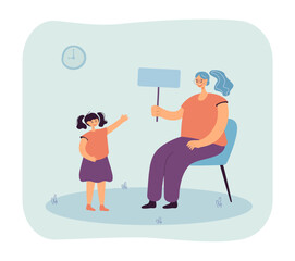 Teacher showing blank sign to little girl. Student pointing at placard in hand of woman flat vector illustration. Education, knowledge concept for banner, website design or landing web page
