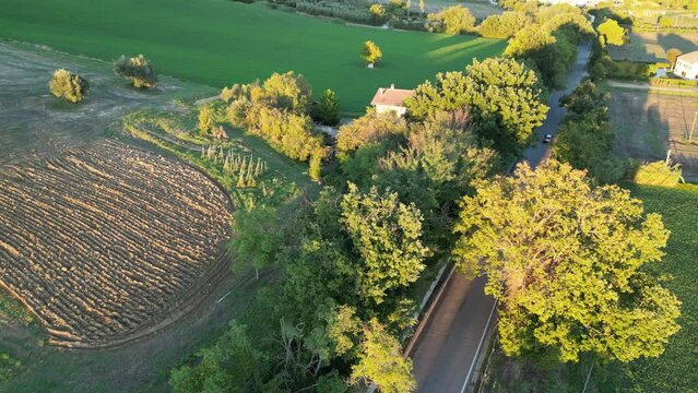 Visione aerea di una casa vicino ad una strada tra le colline marchigiane in italia.
Aerial view of a house near a road in the Marche hills in Italy