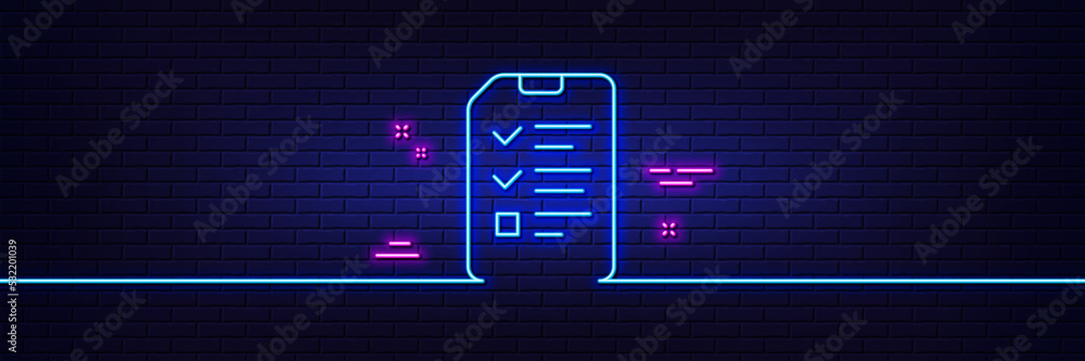 Poster neon light glow effect. checklist document line icon. information file sign. paper page concept symb