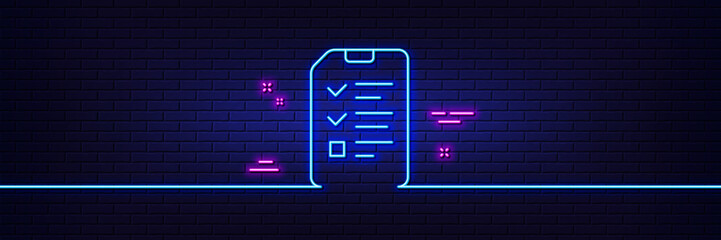 Neon light glow effect. Checklist Document line icon. Information File sign. Paper page concept symbol. 3d line neon glow icon. Brick wall banner. Interview outline. Vector