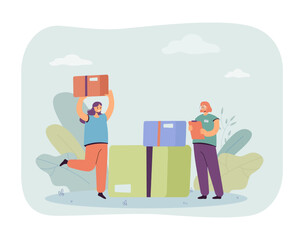 Warehouse worker and woman putting package on stack of boxes. Girl controlling inventory flat vector illustration. Delivery service, storage concept for banner, website design or landing web page