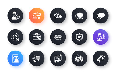 Minimal set of Food delivery, Talk bubble and Bitcoin flat icons for web development. Third party, Edit person, Tool case icons. Search, Target path, Speech bubble web elements. Vector