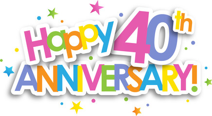 Colorful HAPPY 40th ANNIVERSARY banner with stars on transparent background