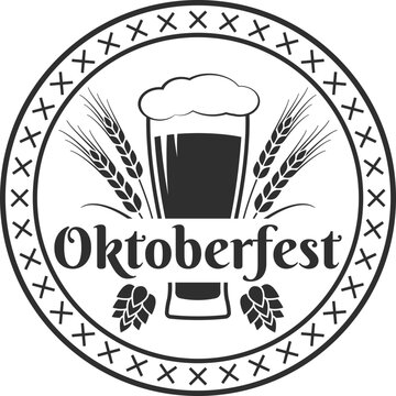 Oktoberfest logo, label or icon. Beer fest round badge with glass, wheat and malt. German, Bavarian October festival design element. Vector illustration.