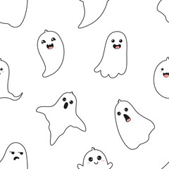 Seamless pattern with cute cartoon ghosts. White ghosts. Halloween illustration. Background for wrapping paper, greeting cards and seasonal designs.