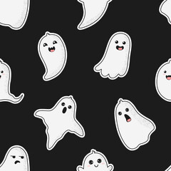 Seamless pattern with cute cartoon ghosts. White ghosts on dark background. Halloween illustration. Background for wrapping paper, greeting cards and seasonal designs.