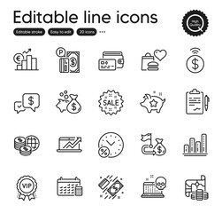 Set of Finance outline icons. Contains icons as Cyber attack, World money and Clipboard elements. Payment received, Calendar, Graph chart web signs. Sale, Sales diagram, Wallet elements. Vector