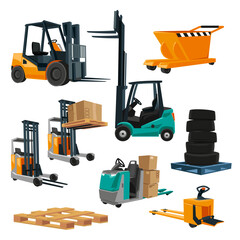 Various forklifts in warehouse cartoon illustration set. Rack depot, industrial vehicles with cardboard boxes, parcels, packages. Logistic, distribution, shipment, storage, transportation concept
