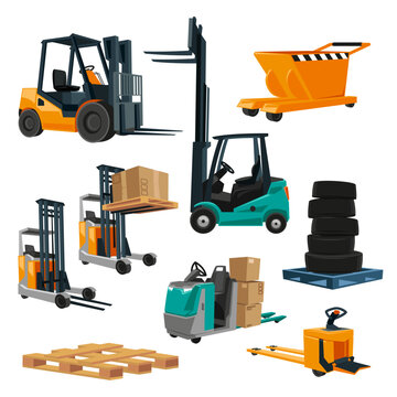 Various forklifts in warehouse cartoon illustration set. Rack depot, industrial vehicles with cardboard boxes, parcels, packages. Logistic, distribution, shipment, storage, transportation concept
