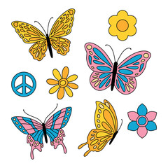 Obraz na płótnie Canvas Set of groovy hippie butterflies