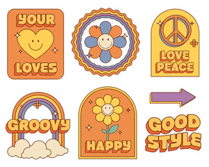 set of cartoon sticker pack with psychedelic retro 70s hippie funky vintage funny style.flower, rainbow, groovy, 1970, good, peace, arrow