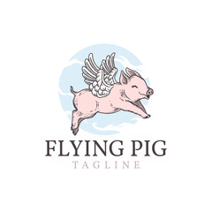 Flying Pig Logo Template Mascot Vector Classic Illustration