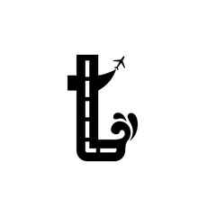 illustration of the letter T with roads, airports, sea, waves, runways and planes