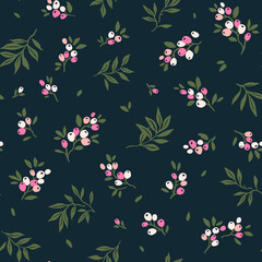 Beautiful floral pattern in small berries. Small pink flowers. Dark blue background. Ditsy print. Floral seamless background. The elegant the template for fashion prints. Stock pattern.