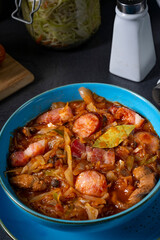 Polish bigos with sausage and mushrooms.
