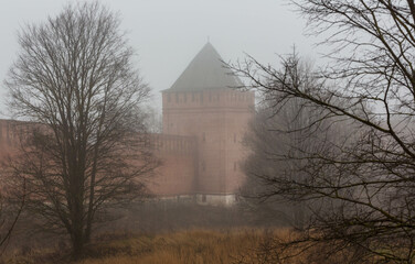 The historic city center of Smolensk, Russia. Old castle wall of Kremlin in Smolensk in winter. Blur because of the fog and mist. Smolensk, Russia